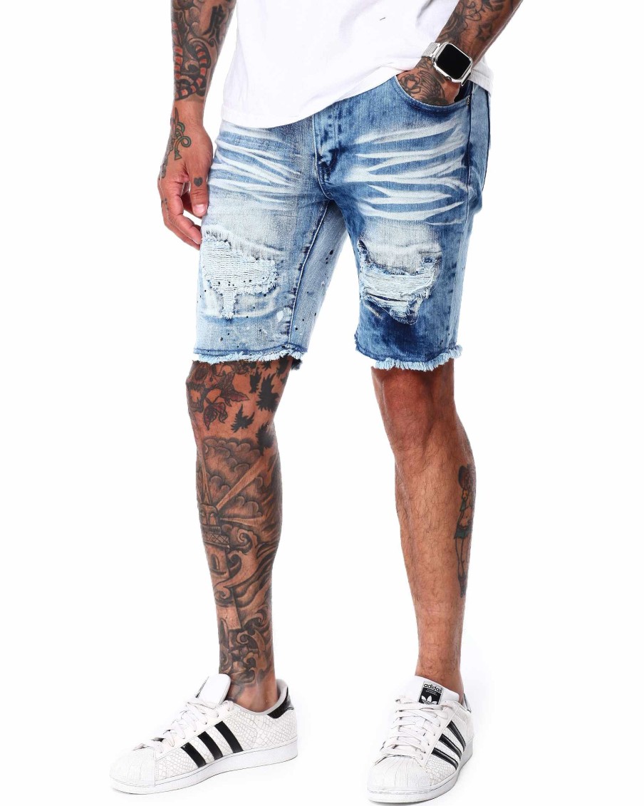 Manner Rebel Kurze Hose | Zweifarbige Rip & Repair Denim-Shorts Dunkles Indigo