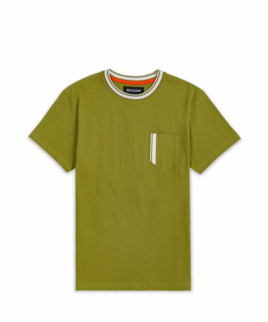 Manner Reason T-Shirts | Kontrast-T-Shirt Mit Taschenstreifen Olive