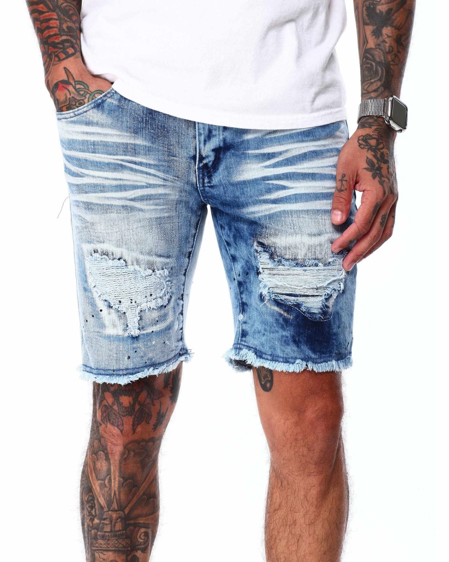 Manner Rebel Kurze Hose | Zweifarbige Rip & Repair Denim-Shorts Dunkles Indigo