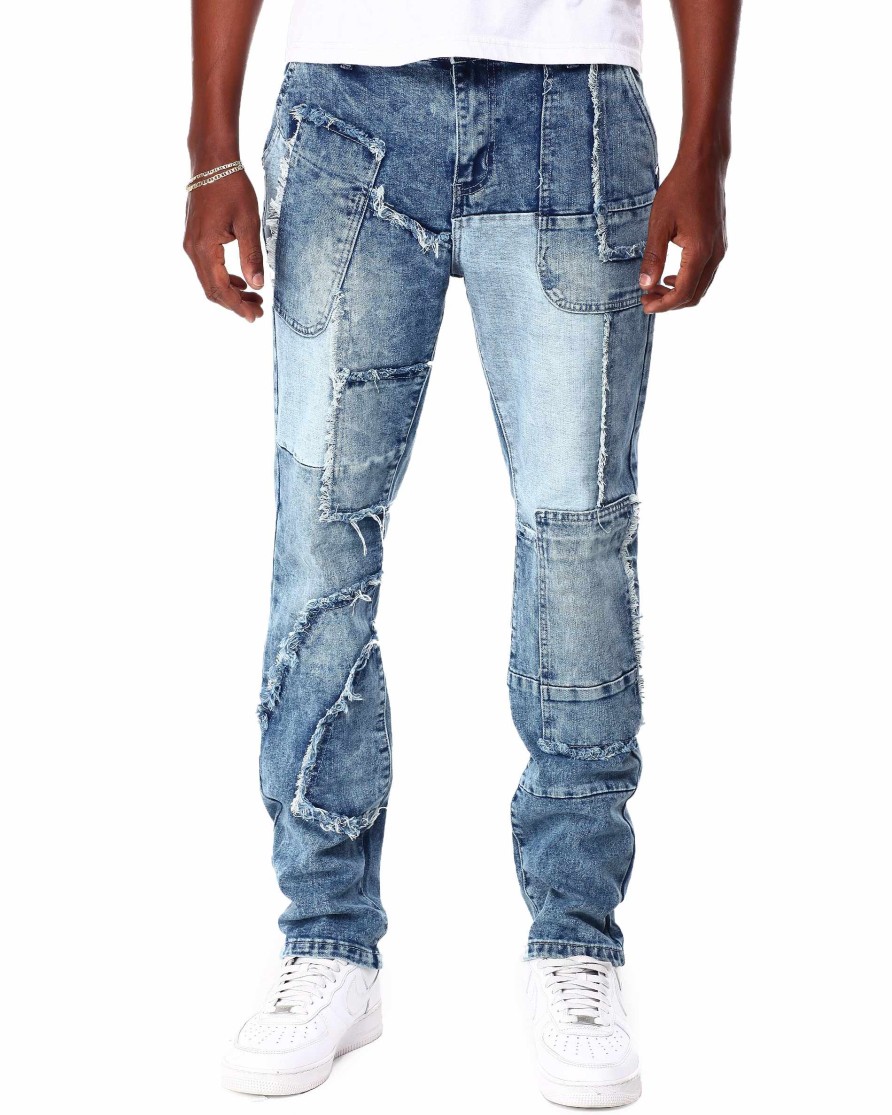 Manner Reason Cargohose | Ausgefranste Hughes-Denimjeans Mit Mehreren Patches Blau