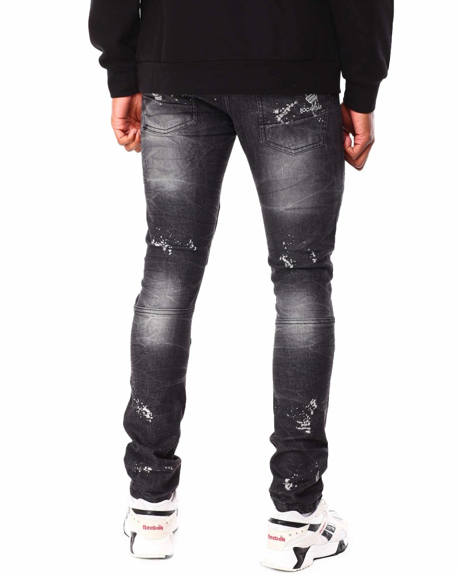 Manner Rocawear Jeans | Rip & Repair Moto Cracked Wash Denim-Jeans Schwarz