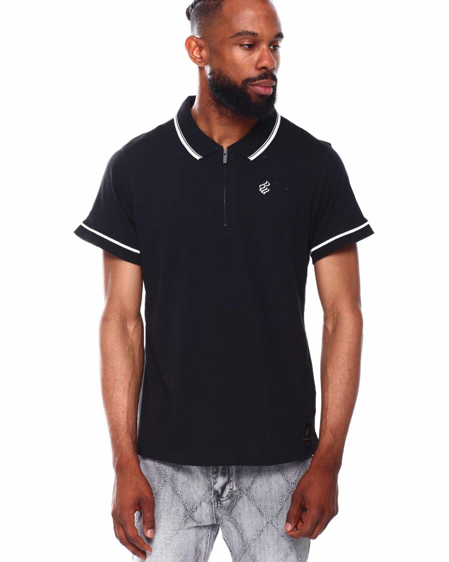 Manner Rocawear Polos | S/S Jersey-Poloshirt Mit 1/4-Reisverschluss Schwarz