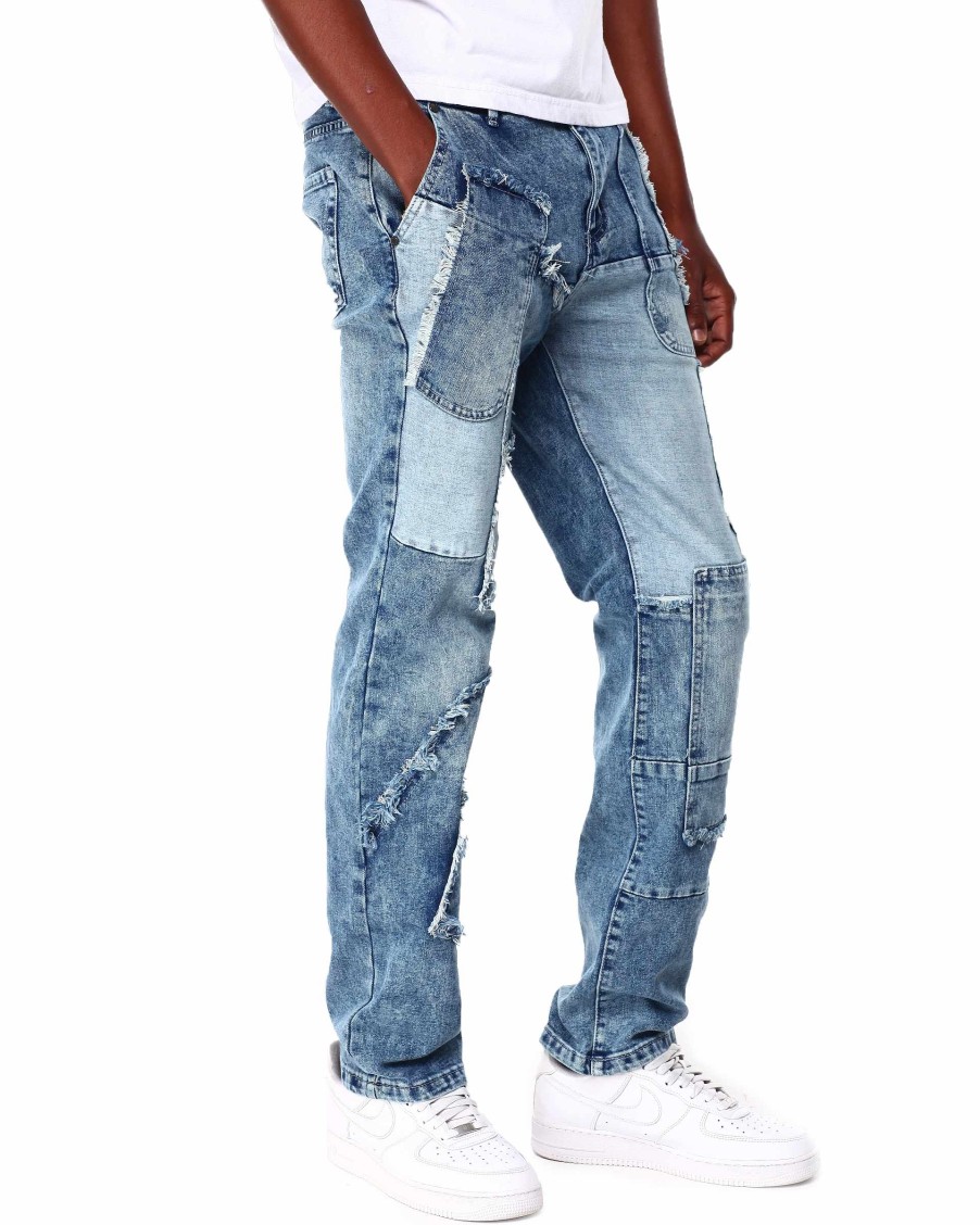 Manner Reason Jeans | Ausgefranste Hughes-Denimjeans Mit Mehreren Patches Blau