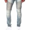 Manner Rocawear Jeans | Rip & Repair Washed Cut & Sew Moto-Denim-Jeans Hellblau