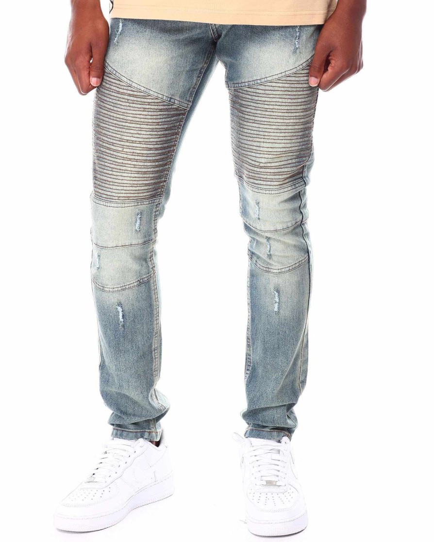 Manner Rocawear Jeans | Rip & Repair Washed Cut & Sew Moto-Denim-Jeans Hellblau