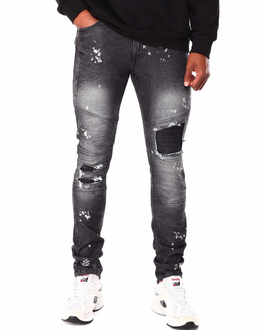 Manner Rocawear Cargohose | Rip & Repair Moto Cracked Wash Denim-Jeans Schwarz