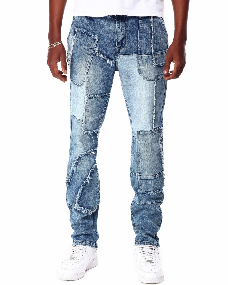 Manner Reason Jeans | Ausgefranste Hughes-Denimjeans Mit Mehreren Patches Blau