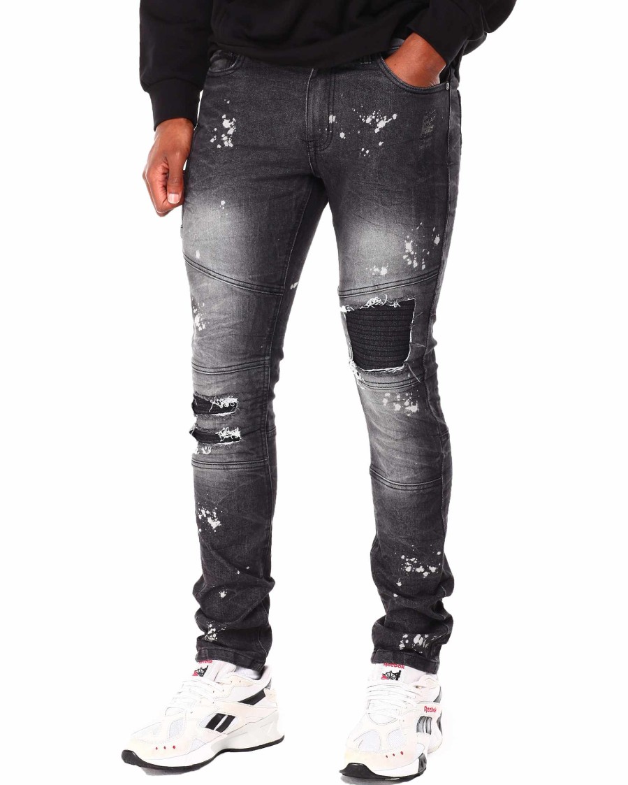 Manner Rocawear Jeans | Rip & Repair Moto Cracked Wash Denim-Jeans Schwarz