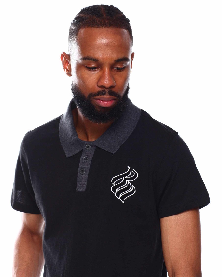 Manner Rocawear Polos | S/S Kontrast-Chenille-Patch-Jersey-Polo Schwarz