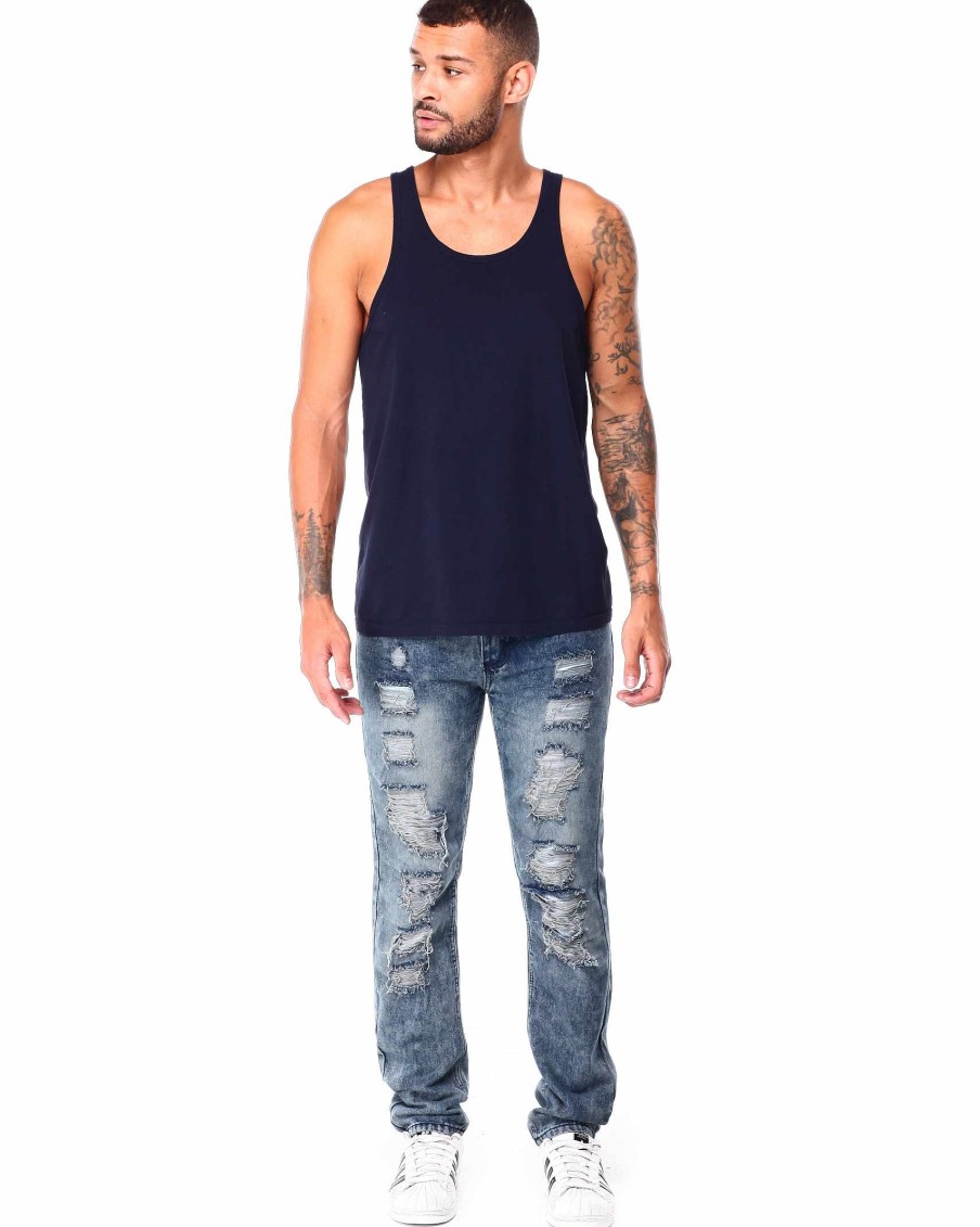 Manner Rise As One T-Shirts | Locker Sitzende Distressed-Denim-Jeans Mittlere Wasche