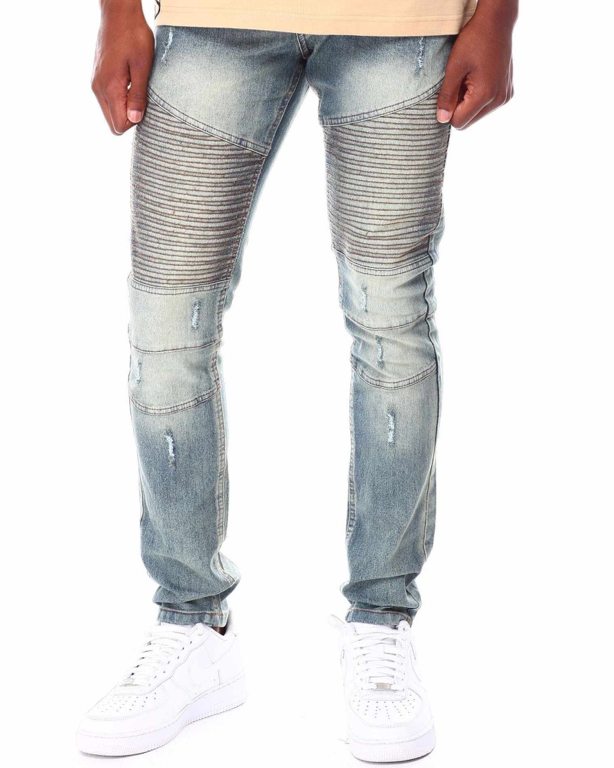 Manner Rocawear Cargohose | Rip & Repair Washed Cut & Sew Moto-Denim-Jeans Hellblau